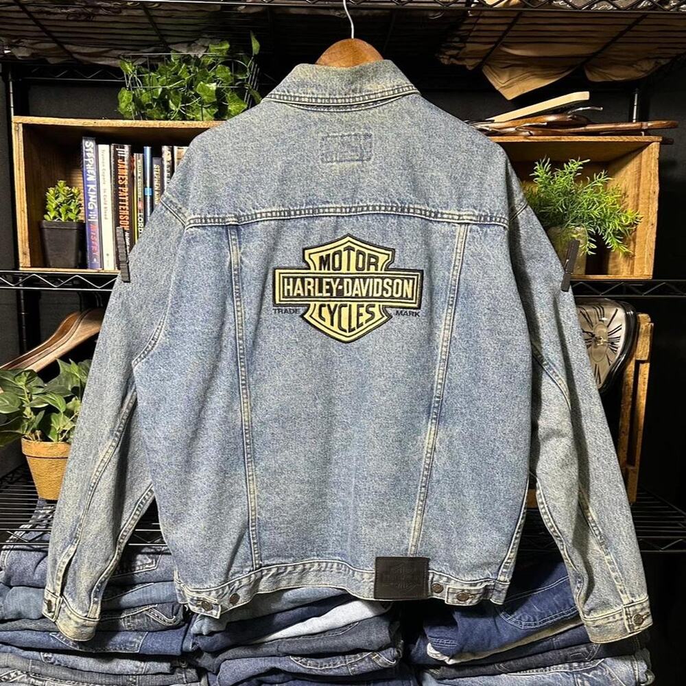 Vintage Harley Davidson Denim Jean Jacket Motorcycles Patch Logo Mens Medium